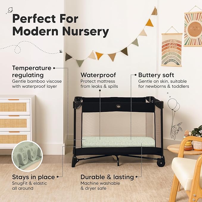 2-Pack Waterproof Pack and Play Sheets, Mini Crib Sheets Fitted for Boy, Girl - 38 x 26 Viscose from Bamboo Pack N Play Mattress Sheets for Graco, Toddler Playard Baby Crib Sheets Neutral (Foxtrot)
