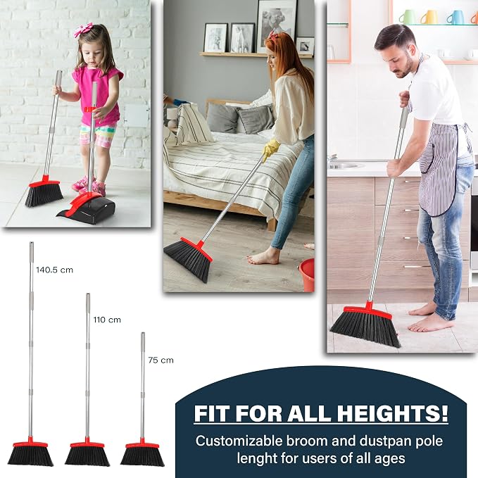 Broom and Dustpan Set 55", Long Adjustable Stainless Steel Handle, Large Size - Image 2