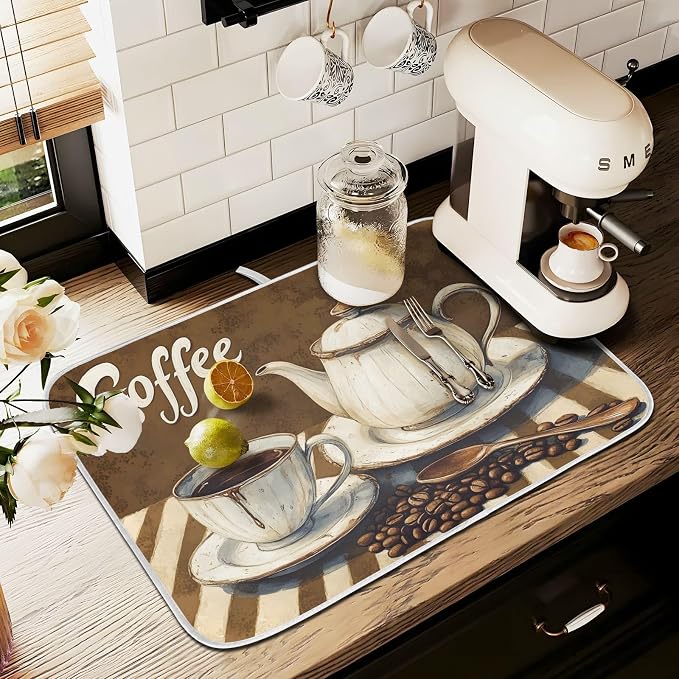 Coffee Themed Dish Drying Mat for Kitchen Counter Absorbent Microfiber Large - Image 8
