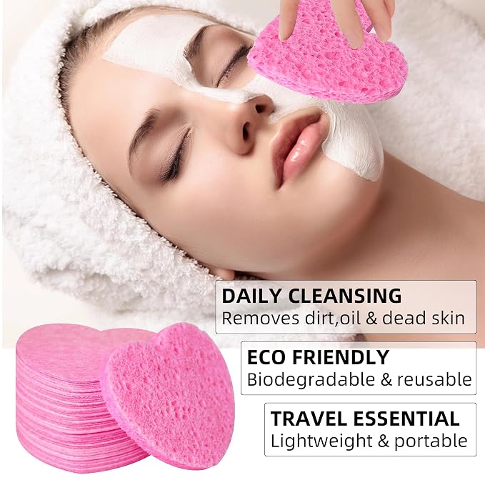 Women 120-Count Compressed Cellulose Heart Shape Face Facial Sponges 100% - Image 4