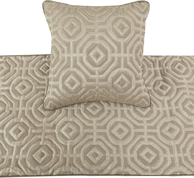 The HomeCentric King/Queen/Twin Beige Designer Queen 74"x18" Bed Runner with 2 Pillow Cover, Textured Bed Scarf on Silk Fabric - Hexagonal Norma