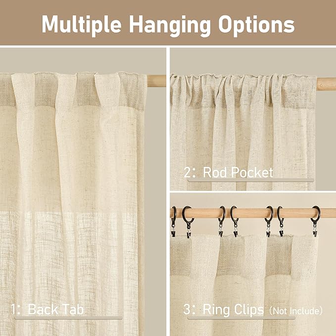 LAMIT Beige Linen Curtains 72 Inches Long 2 Panels for Living Room Faux Linen Textured Light Filtering Drapes Back Tab and Rod Pocket Boho Neutral Panels for Bedroom/Dining Room, 52 x 72 Inch