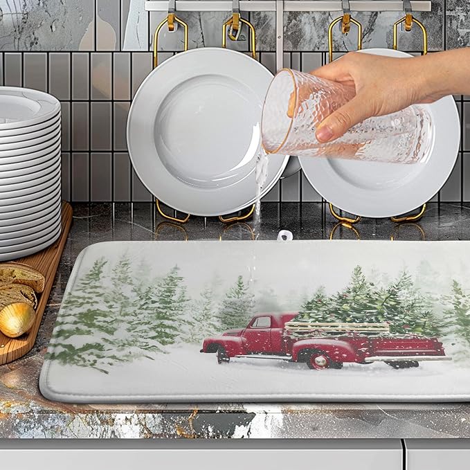 Christmas Dish Drying Mat Red Truck Xmas Tree Drying Mats - Image 2