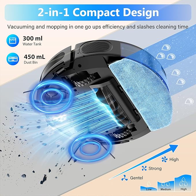 Tikom Robot Vacuum and Mop Combo, 5000Pa Robotic Vacuum Cleaner, 150 Min Max - Image 3