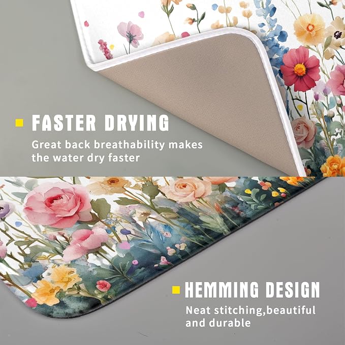 Colorful Flower Dish Drying Mat 16x18 Inch Botanical Floral Drainer Rack Mats - Image 3