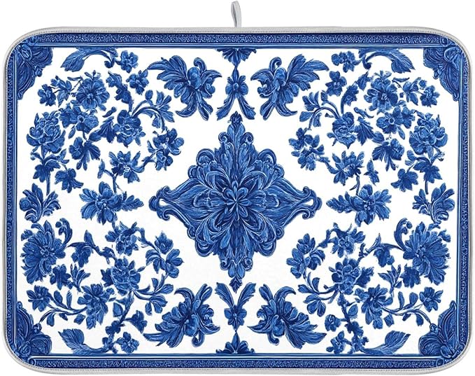 Blue White Porcelain Floral Dish Drying Mat by Wamika