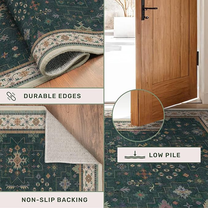 Dark Green Kitchen Rug 10 ft Long - Modern Vintage Boho Unique Floral with Gold Accent, Washable Low Pile Non-Slip Extra Long Wide Runner Rugs for Hallway, 3x10