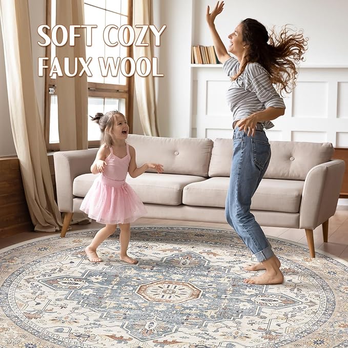 Round Rug Living Room Rugs: 5Ft Washable Boho Neutral Large Circle Soft Indoor Distressed Stain Resistant Floor Farmhouse Carpet for Bedroom Nursery Kids Playroom Office Dining Room Dorm- Beige Blue
