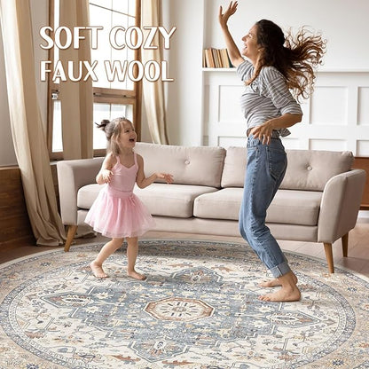 Round Rug Living Room Rugs: 5Ft Washable Boho Neutral Large Circle Soft Indoor Distressed Stain Resistant Floor Farmhouse Carpet for Bedroom Nursery Kids Playroom Office Dining Room Dorm- Beige Blue