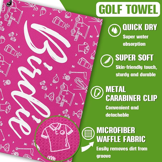 Womens Pink Golf Towel and Brush Set, Microfiber Waffle Golf Bag Towel - Image 4