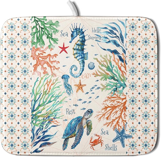 Giwawa Nautical Coastal Dish Drying Mat Sea Turtle Seahorse Dish Drainer Pad by Giwawa