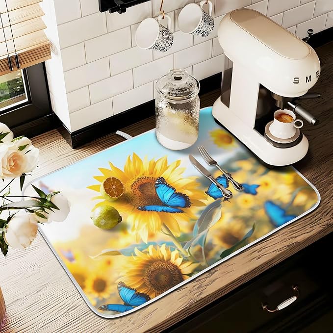 Blooming Sunflowers Blue Butterfly03 Dish Drying Mat - Image 8
