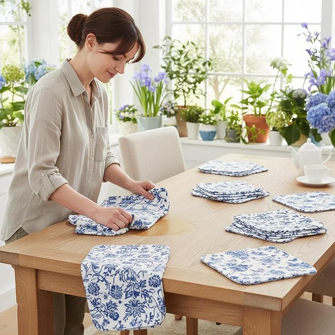 Tinlade 36 Pack Blue and White Floral Reusable Cleaning Cloths Washable Kitchen - Image 2