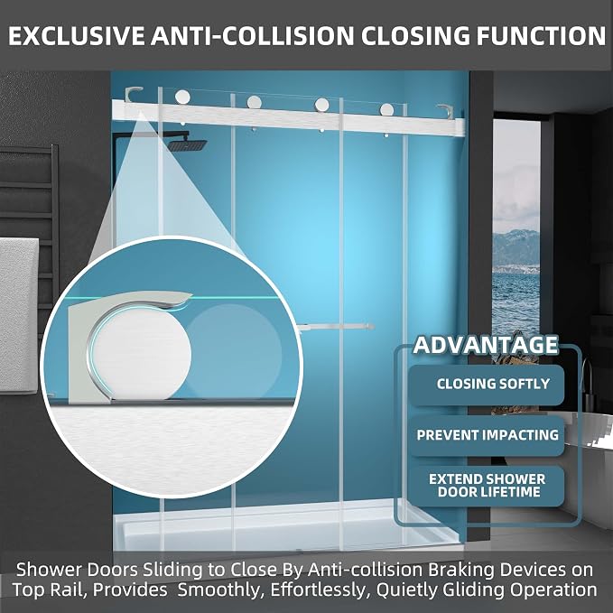 GETPRO Sliding Shower Door 57-60" W x 79" H Frameless Bathroom Double Sliding - Image 4