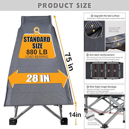 ABORON Camping Cot for Adult 28" Extra Wide, 2PK Heavy-Duty 1200D Oxford Cot for Sleeping, Portable Folding Camp Bed with Mat & Carry Bag