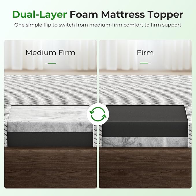 Bamboo Mattress Topper King Size 3 Inch, Cooling Gel & Bamboo Charcoal Memory Foam Mattress Topper for Back Pain Relief, Firm Dual-Layer Foam Bed Pad with Removable Cover