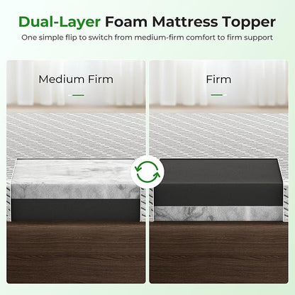 Bamboo Mattress Topper Full Size 3 Inch, Cooling Gel & Bamboo Charcoal Memory Foam Mattress Topper for Back Pain Relief, Firm Dual-Layer Foam Bed Pad with Removable Cover