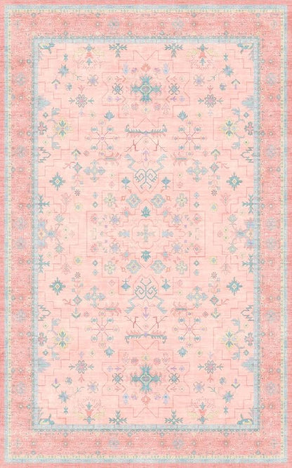 Pink and Blue Washable 5x8 Living Room Rugs, Boho Aethestic Oushak Vintage Area Rug for Bedroom Girls Kids Playroom Nursery Room, Non-Slip Rubber Backing Stain Resistant