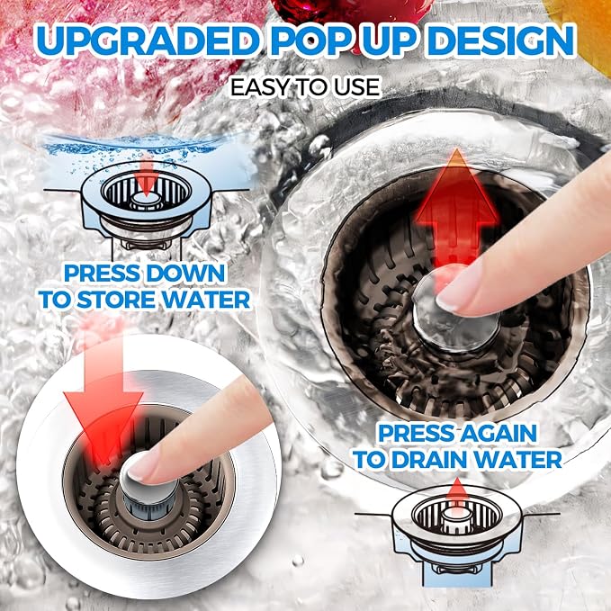 Upgraded 3in1 Kitchen Sink Drain Strainer & Sink Stopper, Stainless Steel - Image 3