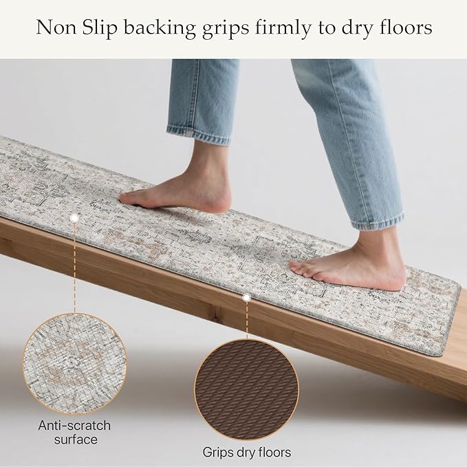GENIMO Kitchen Mats for Floor 2PCs, Washable Anti Fatigue Mat for Cushioned, 17.3"x59"+17.3"x30", Waterproof Kitchen Rugs, Non Slip Comfort Standing Mat Rug for Home, Sink, Laundry, LightTaupeBrown