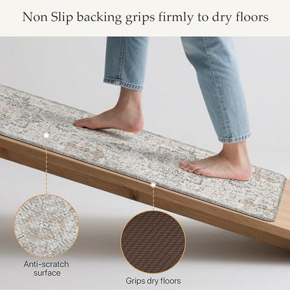 GENIMO Kitchen Mats for Floor 2PCs, Washable Anti Fatigue Mat for Cushioned, 17.3"x59"+17.3"x30", Waterproof Kitchen Rugs, Non Slip Comfort Standing Mat Rug for Home, Sink, Laundry, LightTaupeBrown