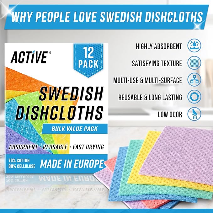 ACTIVE Swedish Dish Cloths for Kitchen 12 Pack Cellulose Sponge Cloth, Washable - Image 2