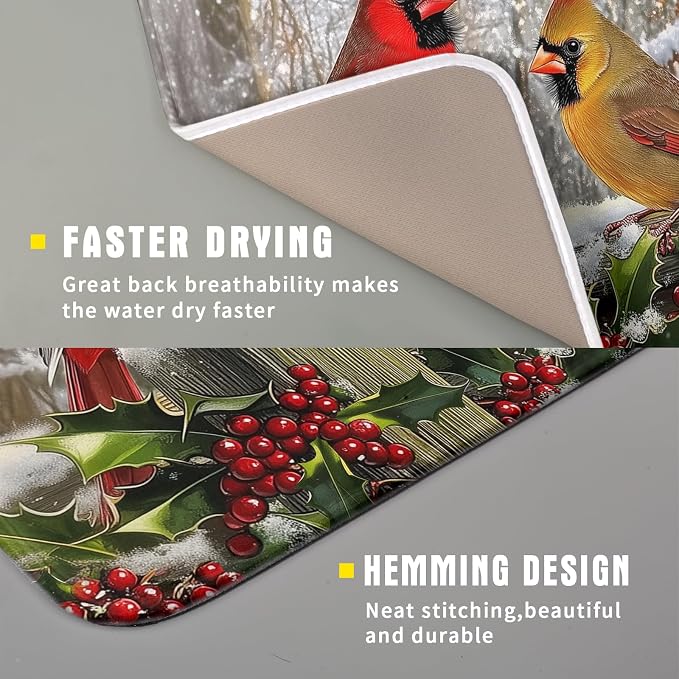 Winter Birds Dish Drying Mat Red Berry Dish Drainer Rack Mat Microfiber - Image 3