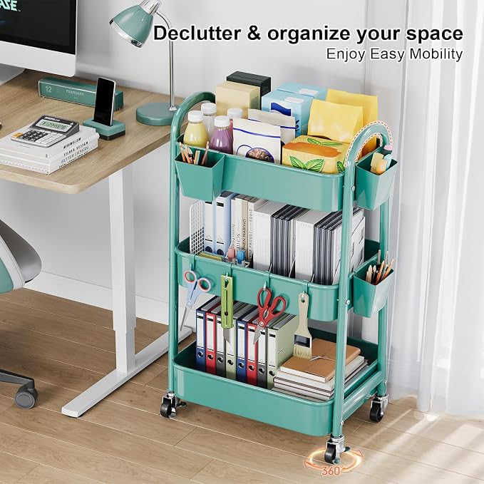 Green 3 Tier Rolling Cart Metal - Image 5