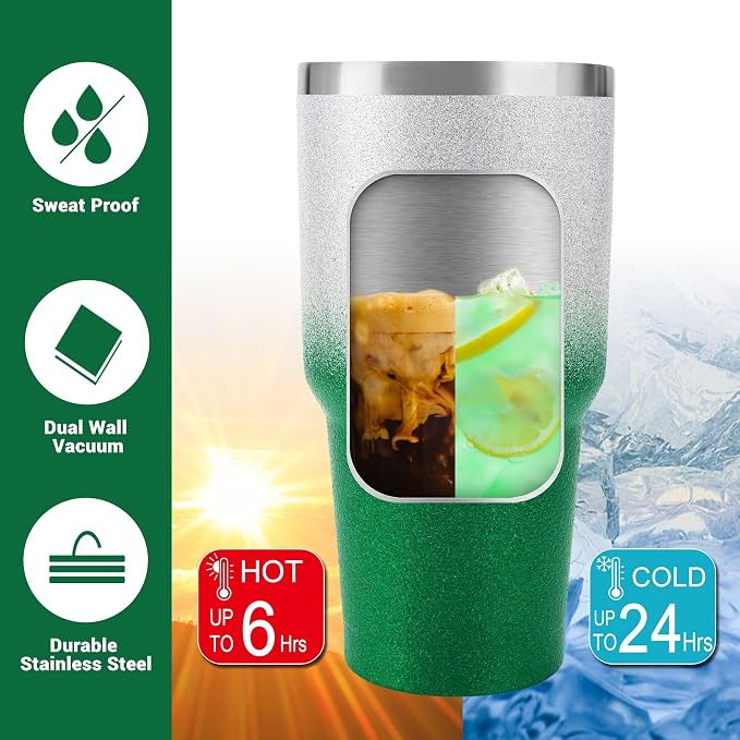 D·S 30 oz Tumbler Christmas Green Glitter Gradient Cup Stainless Steel Double - Image 4