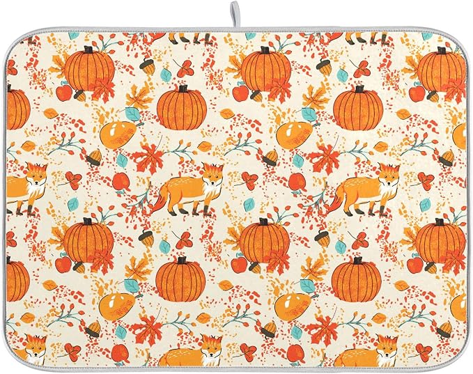 Fall Fox Dish Drying Mat for Kitchen Countertop 16x18 Autumn Chestnuts Pumpkin by Wamika