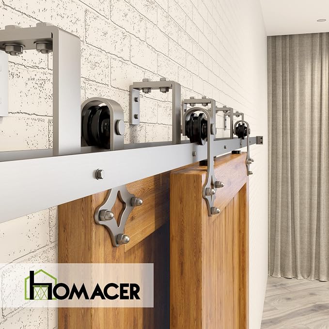 Homacer Brushed Nickel Double Track U-Shape Bypass Sliding Barn Door Hardware - Image 6