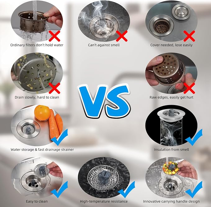 Hibbent 3 in 1 Kitchen Sink Drain Strainer, Stainless Steel Wrapped Shell Drain - Image 5
