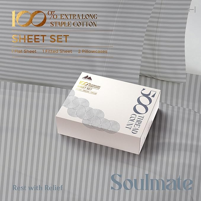 Mayfair Linen 100% Cotton Striped Sheets King Size Bed Set - 500 Thread Count Damask Sheets King Size 4 PC Set (Silver Grey Stripe), Soft, Cooling, Sateen Weave Hotel-Quality 16" Deep Pocket Bedsheet