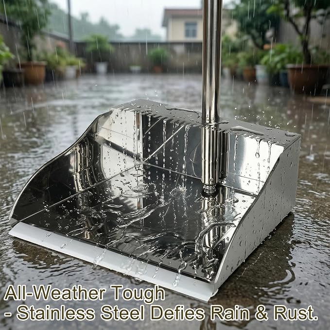 Metal Dustpan Long Handle Stainless Steel Dustpan, Heavy Duty Standing Dust Pan - Image 2