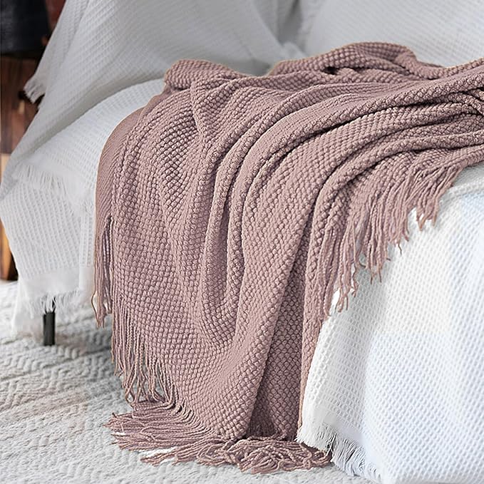 LOMAO Knitted Throw Blanket with Tassels Bubble Textured Lightweight Throws for Couch Cover Home Decor (Brownish Pink, 60x80)