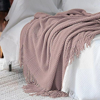 LOMAO Knitted Throw Blanket with Tassels Bubble Textured Lightweight Throws for Couch Cover Home Decor (Brownish Pink, 60x80)