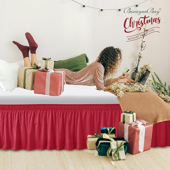 Biscaynebay Wrap Around Bed Skirts for King & Cal King Beds 15" Drop, Christmas Red Adjustable Elastic Dust Ruffles Easy Fit Wrinkle & Fade Resistant Silky Luxurious Fabric Machine Washable