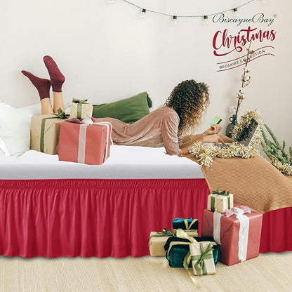 Biscaynebay Wrap Around Bed Skirts for King & Cal King Beds 15" Drop, Christmas Red Adjustable Elastic Dust Ruffles Easy Fit Wrinkle & Fade Resistant Silky Luxurious Fabric Machine Washable