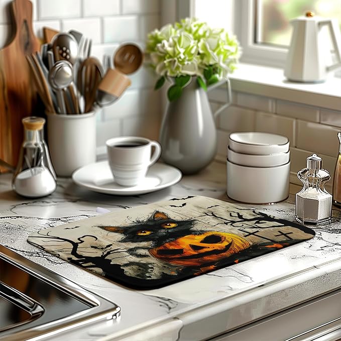 Black Cat Halloween Kitchen Dishes Drying Mat 16x18 Inch Halloween Fall Pumpkin - Image 6