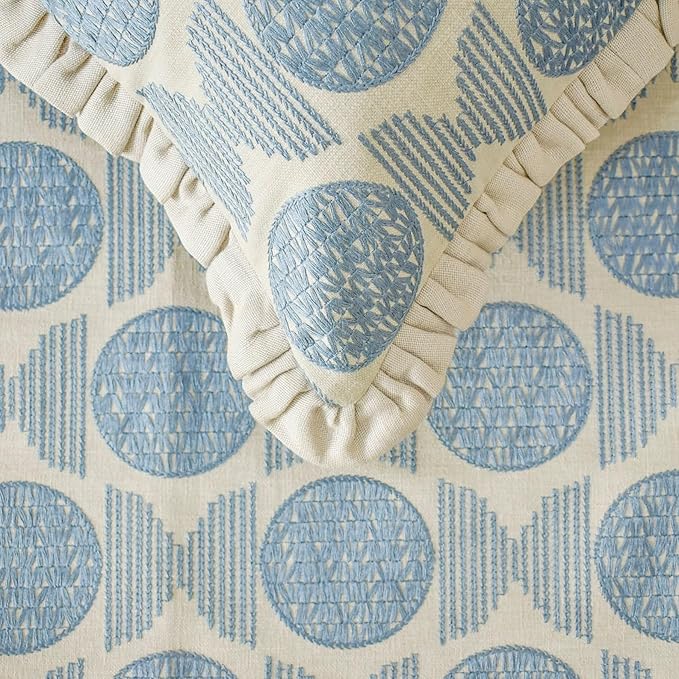 The HomeCentric King/Queen/Twin Blue Decorative Bed Runner King 90"x18" Bed Runner with Two Pillow Cover, Embroidery, Ruffles Bed Scarf on Linen Fabric - Ellara Blue