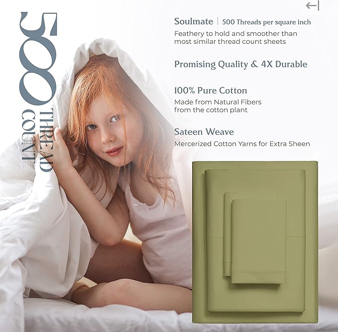 Mayfair Linen 500 Thread Count Split King Sheets Sets for Adjustable Bed - 5 PC Split King Size Bed Sheet Set Cotton (Sage Green), Soft, Cooling, Sateen 16" Deep Pocket Bedsheet (Fits 18" Mattress)
