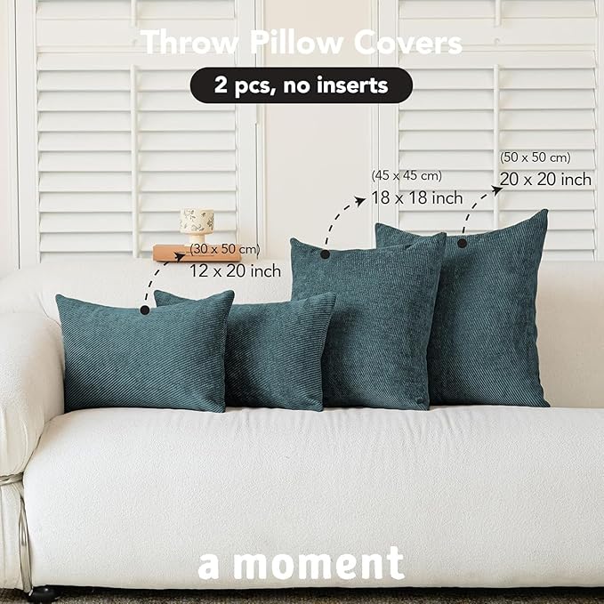 a moment Pack of 2 Decorative Chenille Throw Pillow Covers with Twill Cushion Covers for Sofa Living Room Couch Bed 20x12 Inch Dark Teal