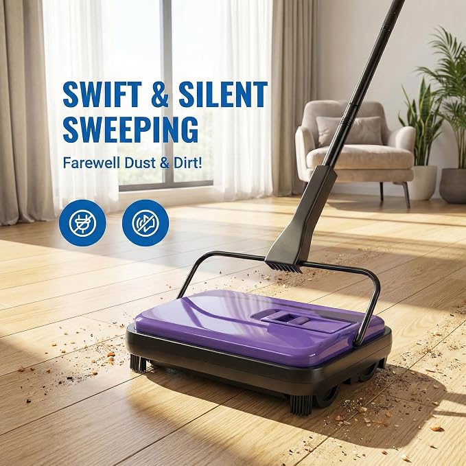 Manual Carpet Sweeper, Electric-Free Quiet Floor Sweeper - Image 6