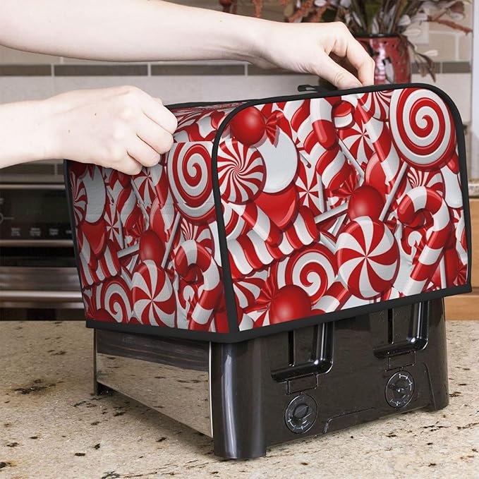 Red And White Christmas Candy Canes 4 Slice Toaster Cover, Waterproof Toaster Dust Cover Bread Maker Protective Cover For Small Kitchen Appliance Dining Room Table Home Decor Gifts