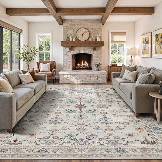 9x12 Rugs for Living Room & Bedroom, Floral Washable Rug, Boho Area Rug by Rugxara