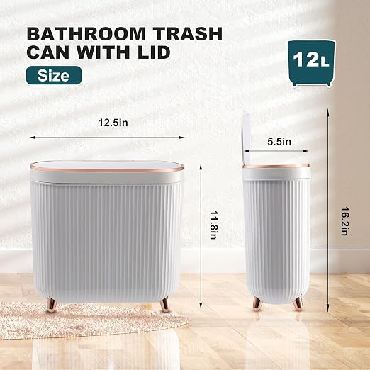 Bathroom Trash Can with Lid 3.2 Gallon Narrow Trash Can Small Plastic Trash Bin - Image 2