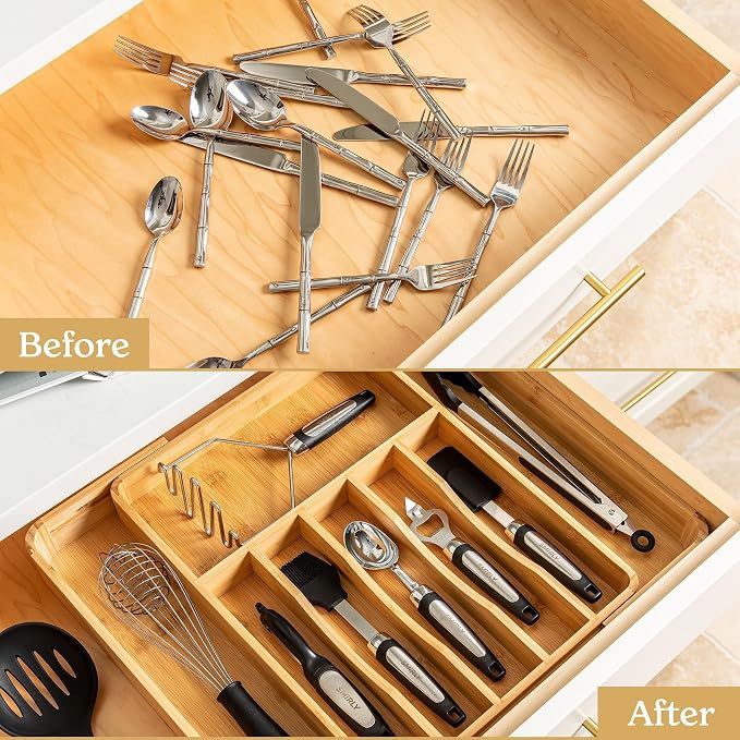 SMIRLY Silverware Drawer Organizer – Bamboo Kitchen Drawer Organizer, - Image 2