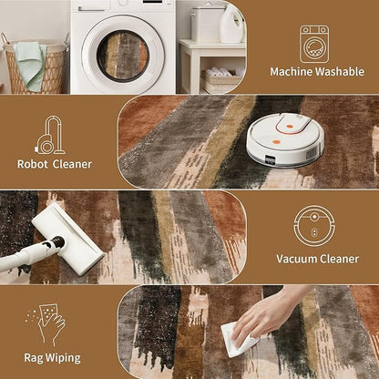 Ciicool 2x6 Washable Runner Rug, Modern Abstract Hallway Rugs Runner, Non-Slip Thin Accent Rug Lightweight Brown Grey Print Distressed Carpet for Laundry Entryway Bedroom Kitchen Indoor