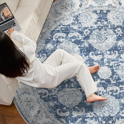 jinchan Fiora Round Rug 8ft Area Rug - Dark Blue Vintage Floor Mat Indoor Ultra-Thin Soft Floral Print - Washable Circle 8' Retro Accent for Farmhouse Non Slip Dining Room Living Room Bedroom Office