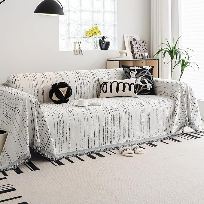 Chenille Couch Cover Pet Friendly, Sofa Cover Washable, Reversible Sofa Slipcover for Sectional Sofa, Loveseat, 2 or 3 Cushion Couch, Corner Sofa, Futon Cover (71" X 134", White)